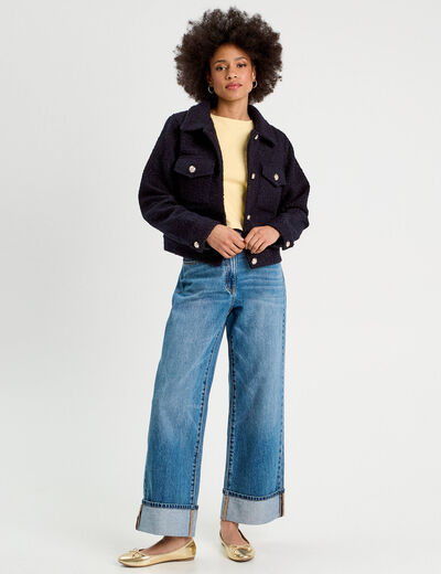 Veste boutonnée bouclette bleu marine femme