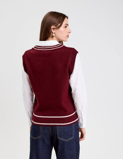 Pull 2-en-1 col en V rouge foncé femme