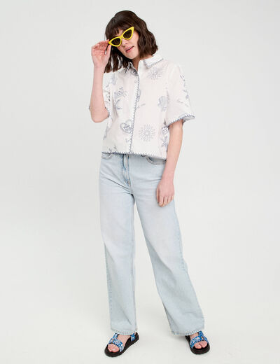 Chemise manches courtes brodée bleu marine femme