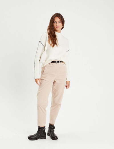 Pull brodé col montant ecru femme