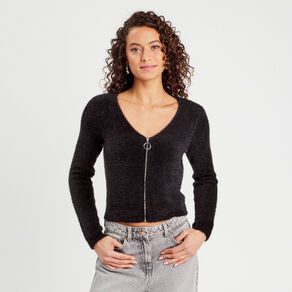 Gilet zippé mailles duveteuses noir femme