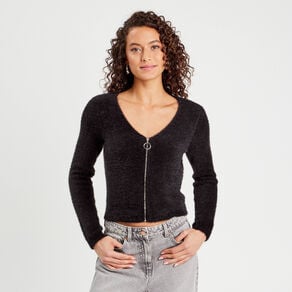 gilet zippe mailles duveteuses noir femme Gilet zippé mailles duveteuses noir femme