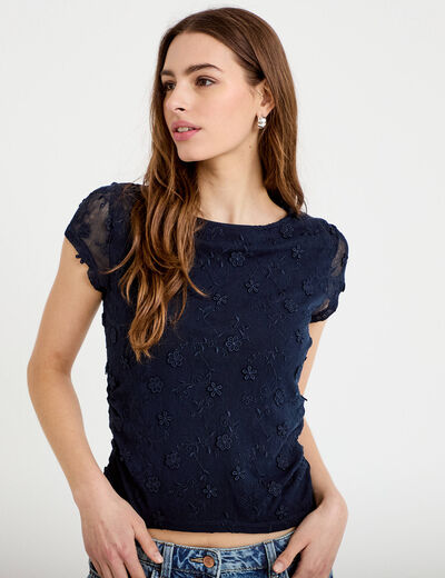 T-shirt ajust&eacute; col rond dentelle bleu marine femme