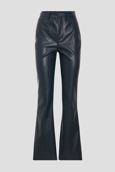 Pantalon flare simili cuir vert foncé femme