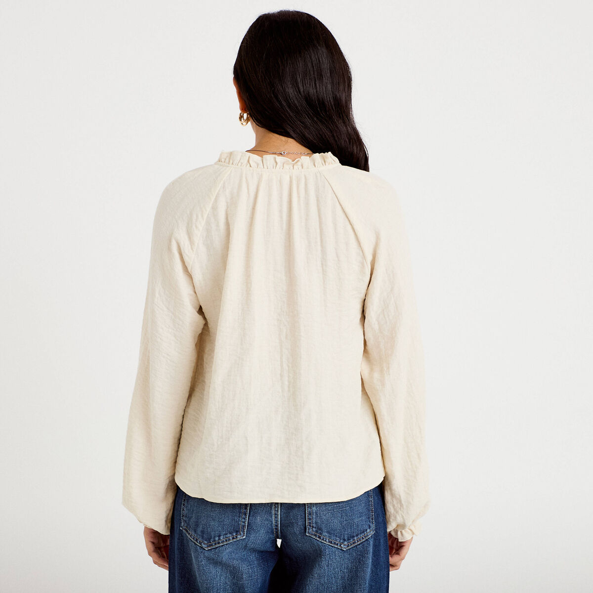 Blouse ample pliss&eacute;e manches longues ecru femme