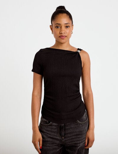 Top one shoulder pliss&eacute; manches courtes noir femme