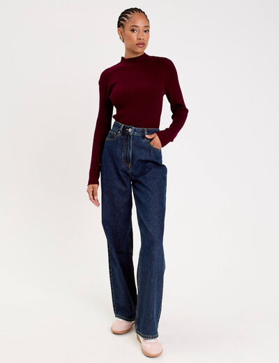 Pull col montant torsades bordeaux femme