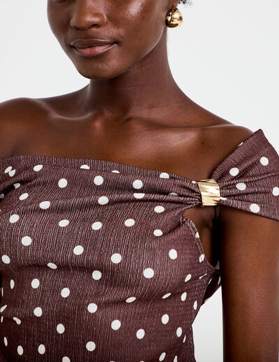 Top pliss&eacute; col bardot sans manches marron femme