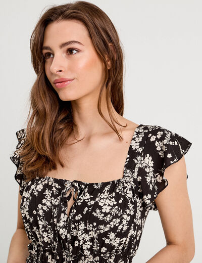 Robe longue évasée volants noir femme