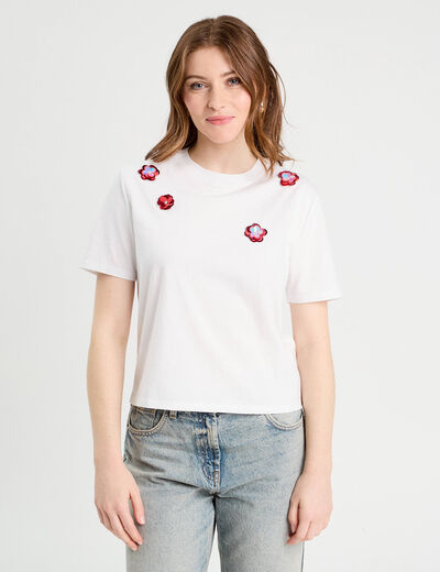 T-shirt détails fleurs sequins blanc femme