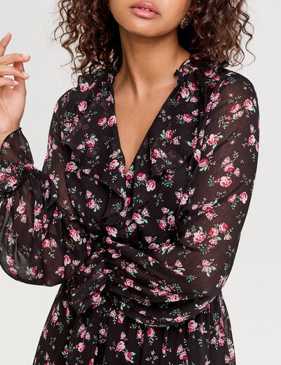 Robe longue évasée volants noir femme