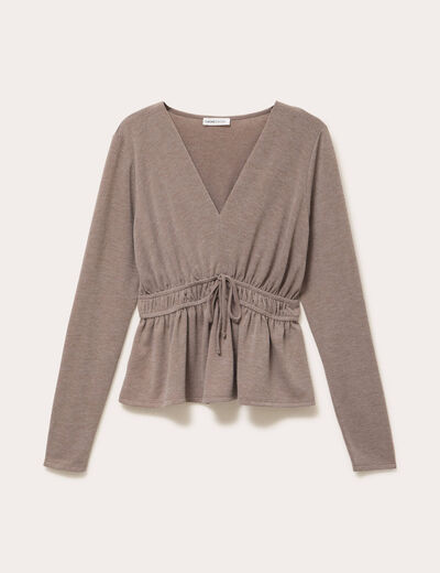 Blouse cintr&eacute;e col v manches longues beige femme