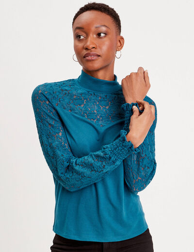 T-shirt col montant dentelle bleu canard femme