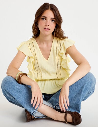 Blouse col rond manches courtes dentelle jaune pastel femme