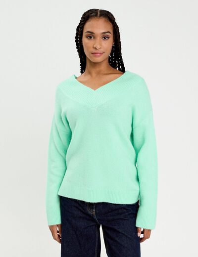 Pull oversize col v manches longues vert menthe femme