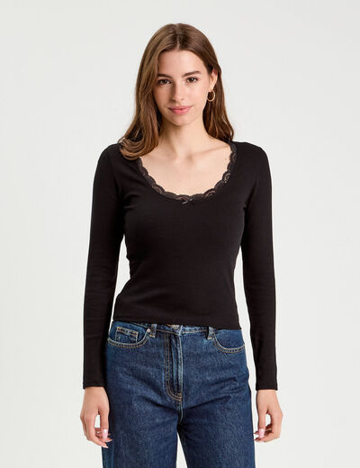 T-shirt manches longues côtelé noir femme