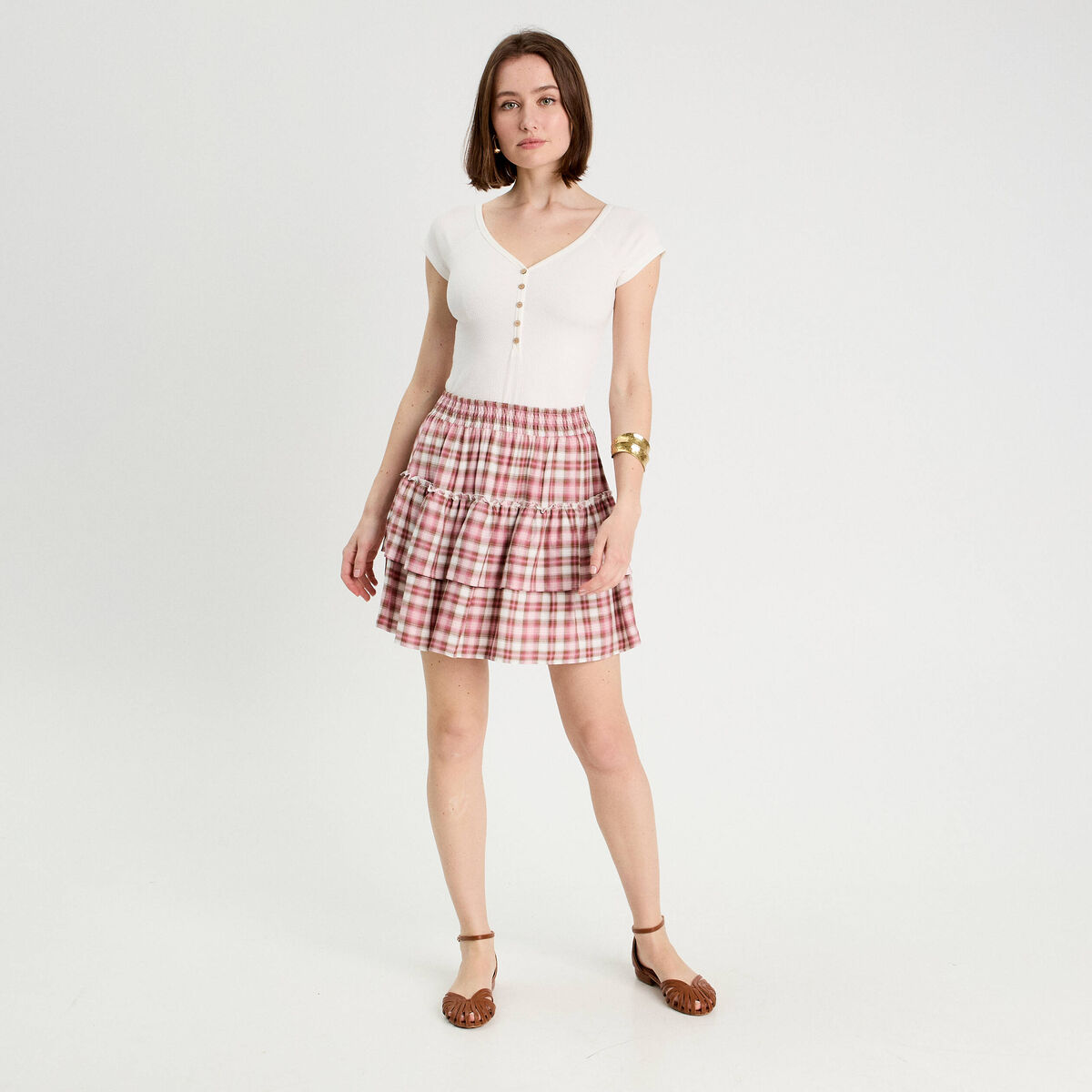 Jupe &eacute;vas&eacute;e volants rose femme