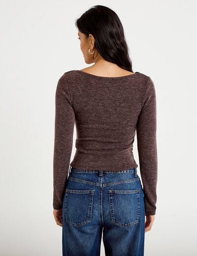 Top cintr&eacute; col bateau manches longues marron fonc&eacute; femme