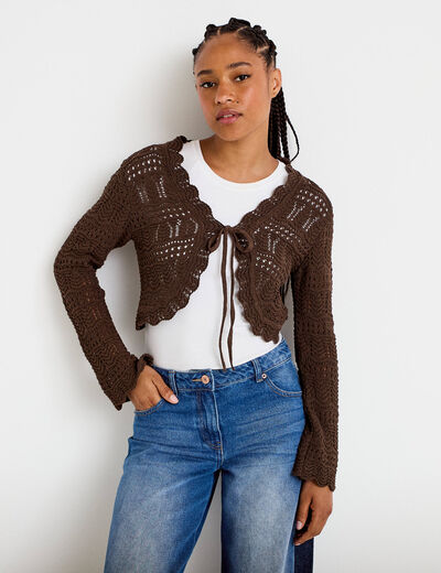 Gilet ajour&eacute; nou&eacute; marron fonc&eacute; femme