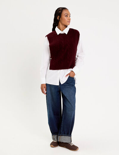 Pull sans manches torsad&eacute; violet fonc&eacute; femme