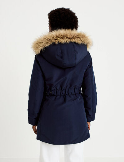 Parka &agrave; capuche fausse fourrure bleu marine femme