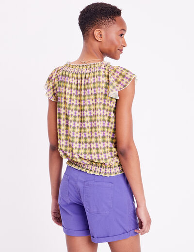 T-shirt manches courtes smocké vert femme