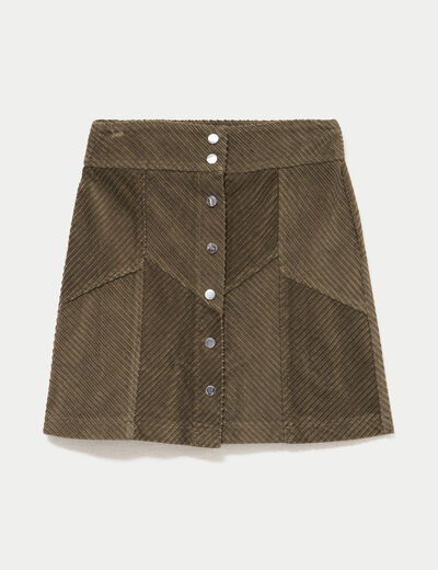 Jupe courte trap&egrave;ze en velours vert kaki femme
