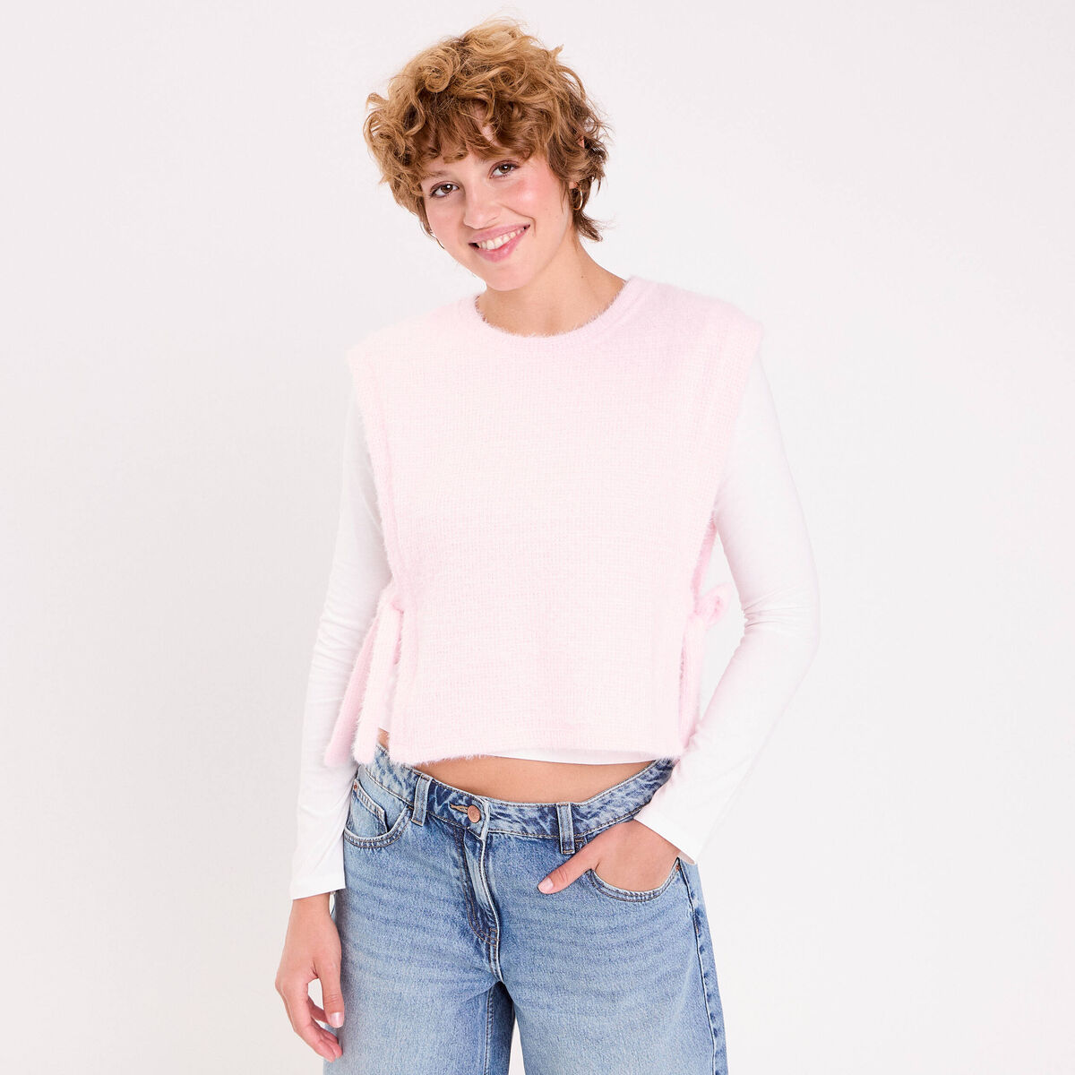 T-shirt pull sans manches 2-en-1 rose clair femme