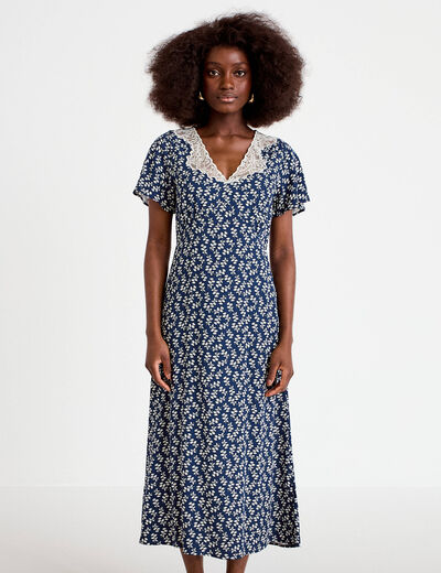 Robe longue &eacute;vas&eacute;e col v dentelle bleu marine femme