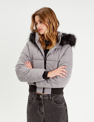 Doudoune à capuche fausse fourrure gris clair femme