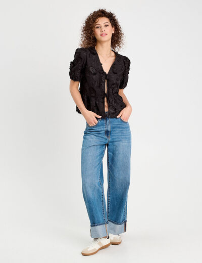 Blouse manches courtes noeuds noir femme