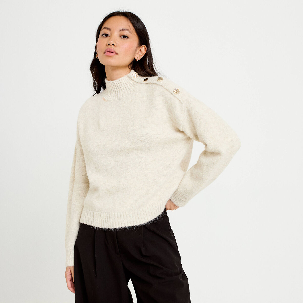 Pull col montant manches longues ivoire femme