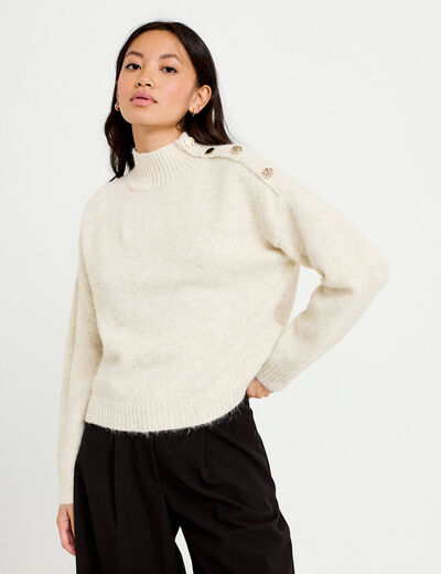 Pull col montant manches longues ivoire femme