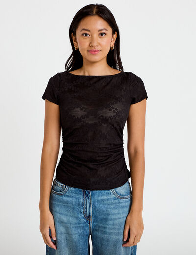 T-shirt ajust&eacute; dentelle col bateau noir femme