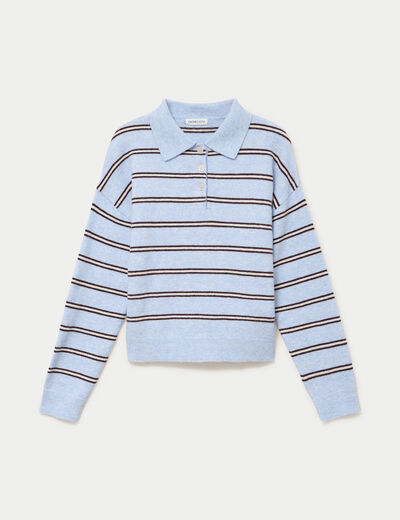 Polo manches longues col chemise bleu ciel femme