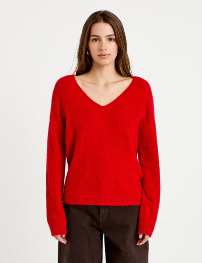 Pull avec col en V rouge femme