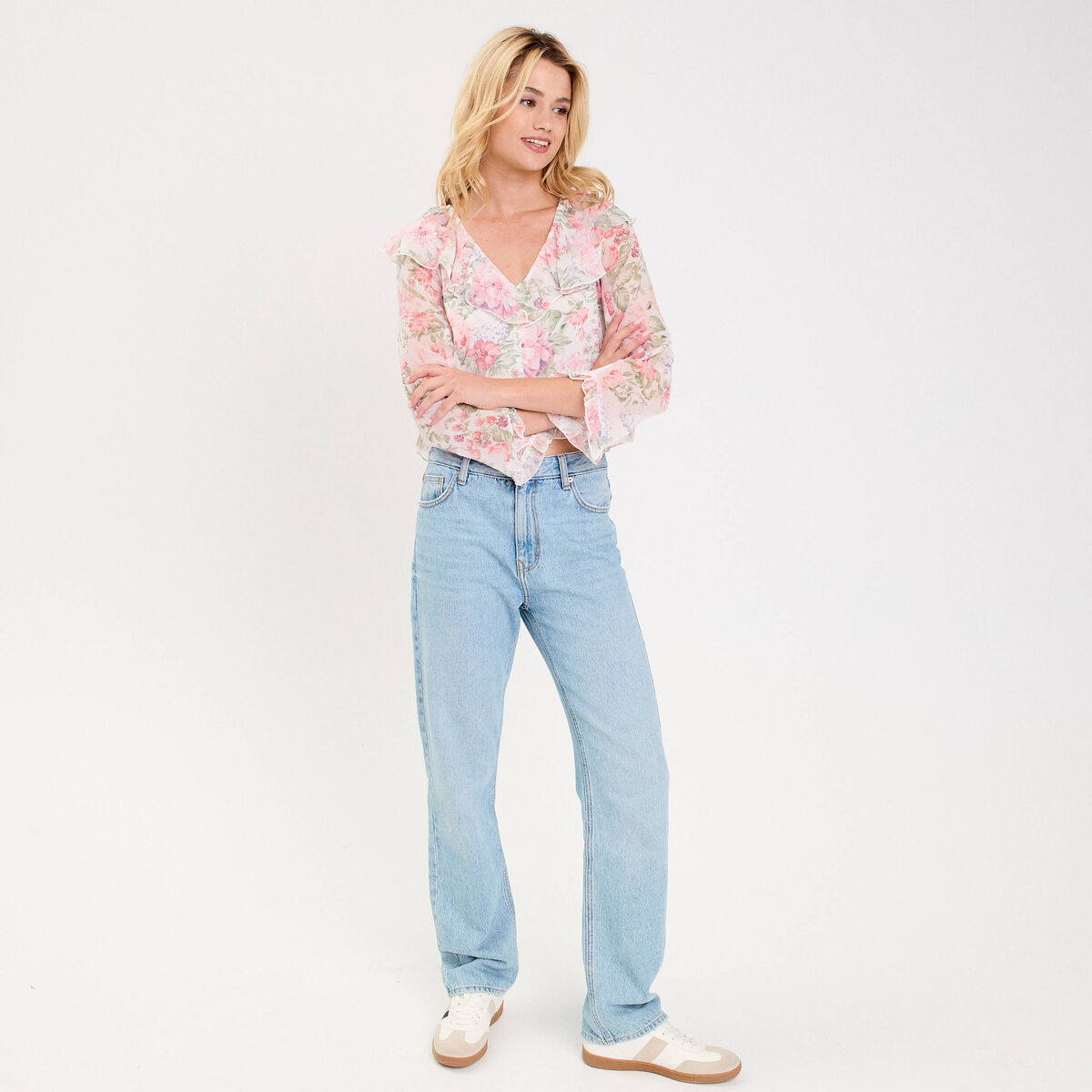 Blouse bi-mati&egrave;re oversize col v blanc femme