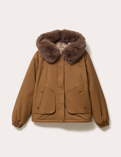 Parka col fausse fourrure amovible marron fonc&eacute; femme