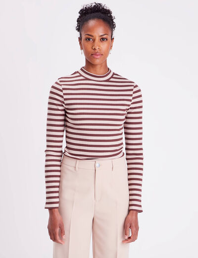 T-shirt cintré col montant marron clair femme