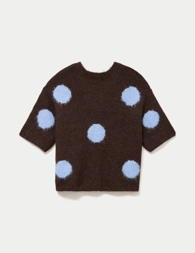 Pull col rond manches courtes marron fonc&eacute; femme