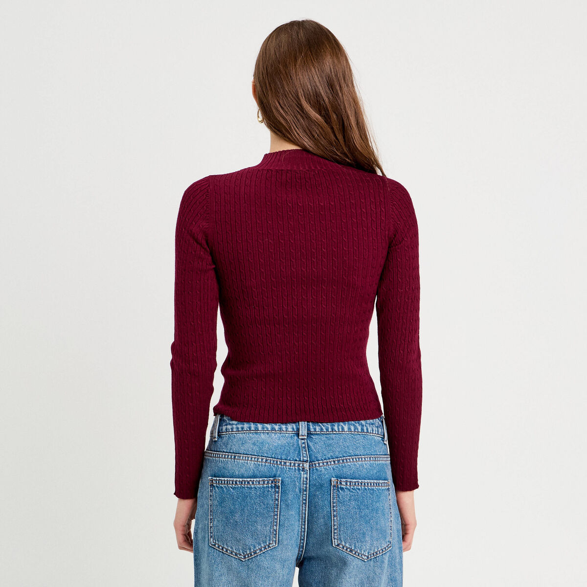 Pull col montant torsades bordeaux femme