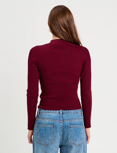 Pull col montant torsades bordeaux femme