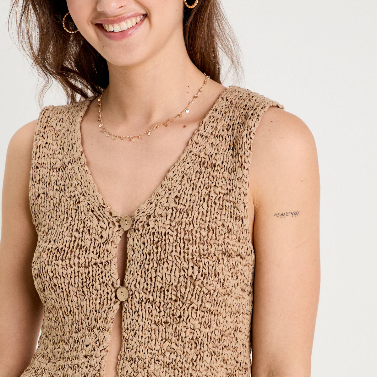 Gilet cropped sans manches beige femme