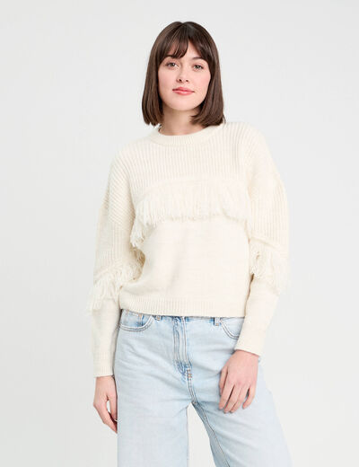 Pull avec franges ecru femme