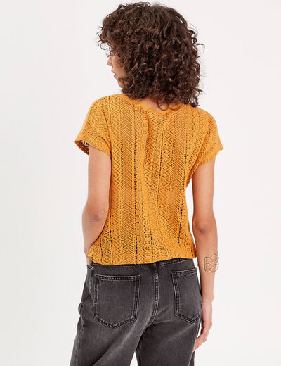 T-shirt manches courtes ajouré jaune moutarde femme