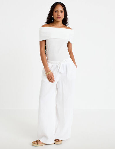 Top col bardot ecru femme
