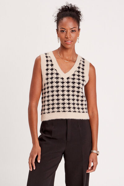Pull sans manches col en V beige femme