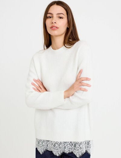 Pull manches longues avec dentelle ecru femme