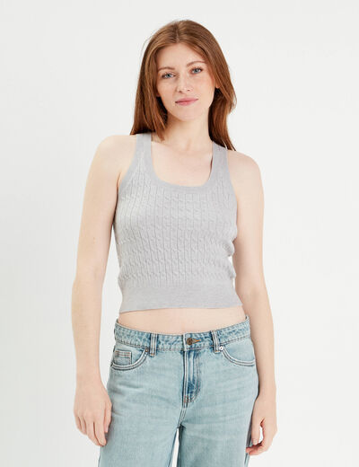 Débardeur tricot torsades gris clair femme