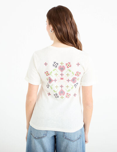 T-shirt col rond manches courtes ecru femme